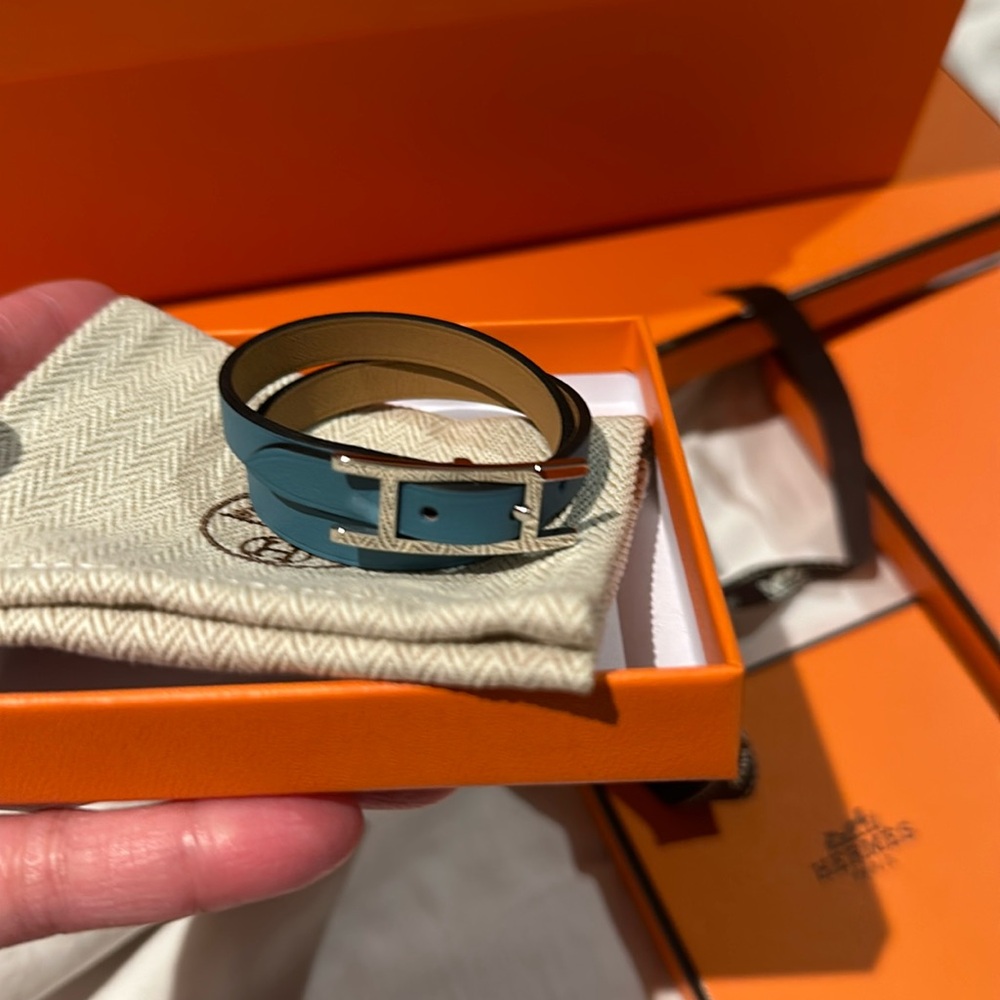 BNIB Authentic Hermes Behapi Double Tour Bracelet Blue Jean/Biscuit Palladium HW